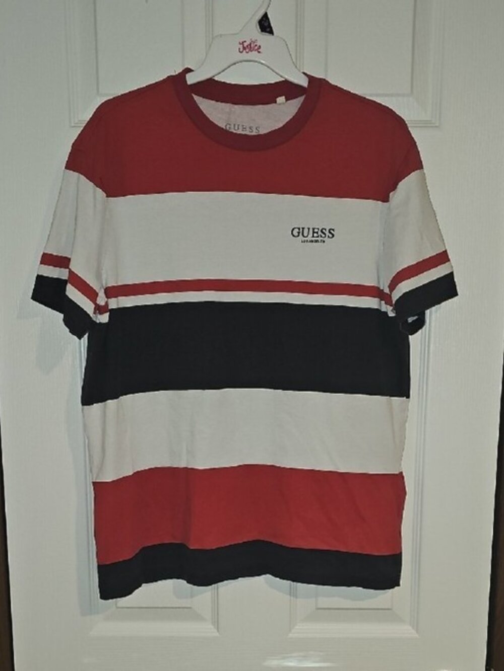 GUESS LOS ANGELES Adult Small Red, White & Black Striped Crew Neck T-Shirt Used